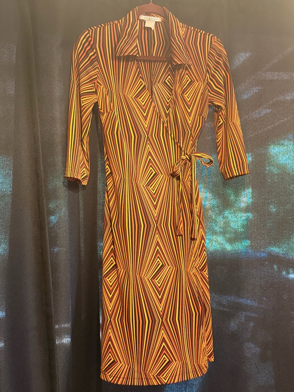 VTG La Belle ‘90s Does 70s’ Wrap Dress Retro Colors Striped Dart Collar Size S/M